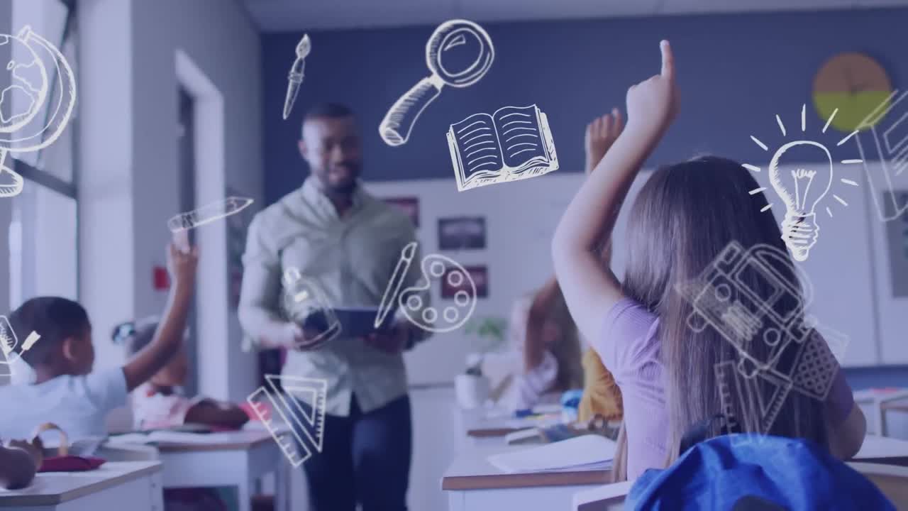 animación de iconos escolares sobre un maestro afroamericano con tableta y alumnos en clase