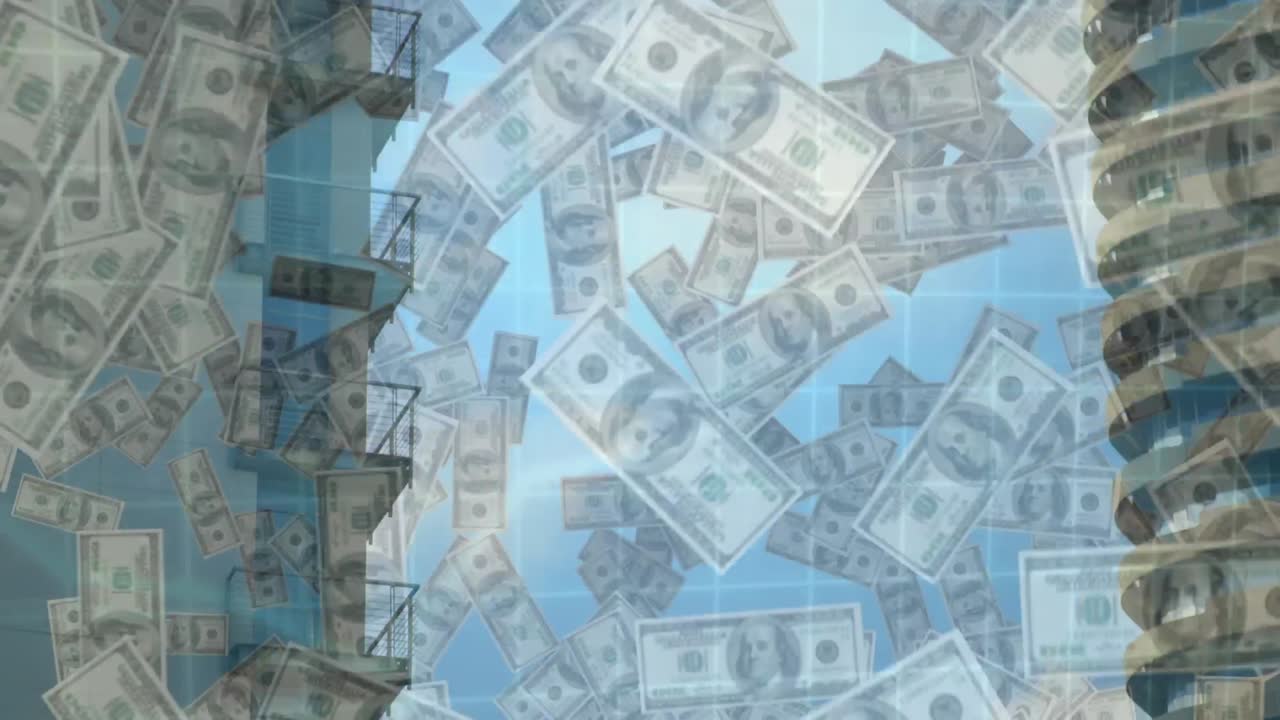 animación de billetes de dólares estadounidenses flotantes y procesamiento de datos con un edificio moderno