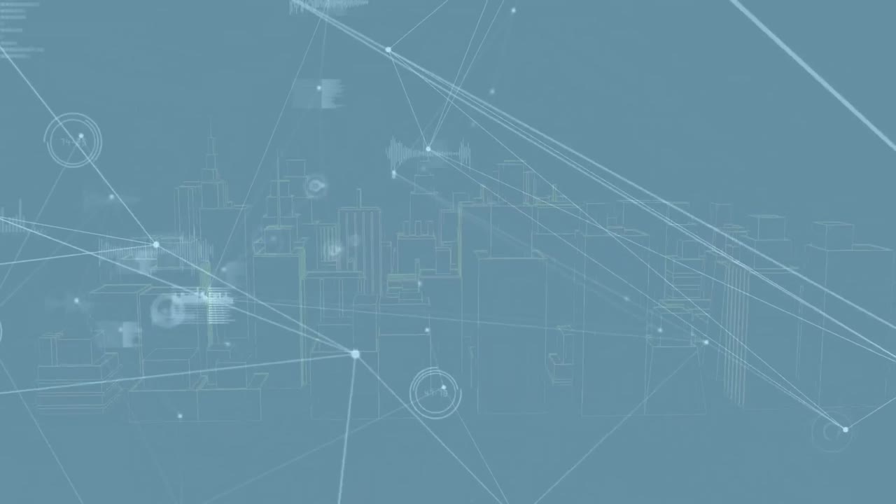 animación de la red de conexiones con procesamiento de datos sobre la ciudad digital sobre fondo azul