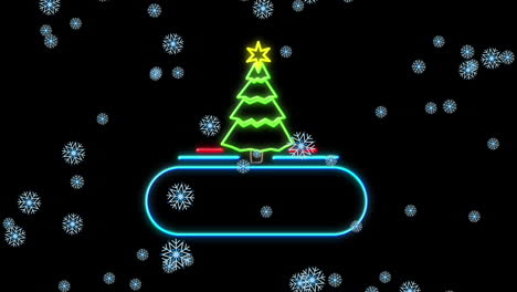 animation of snow falling over christmas neon decoration on black background