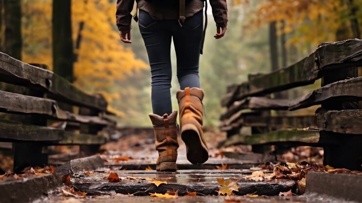 Hiker Walking Across a Wooden Bridge in an Autumn Forest