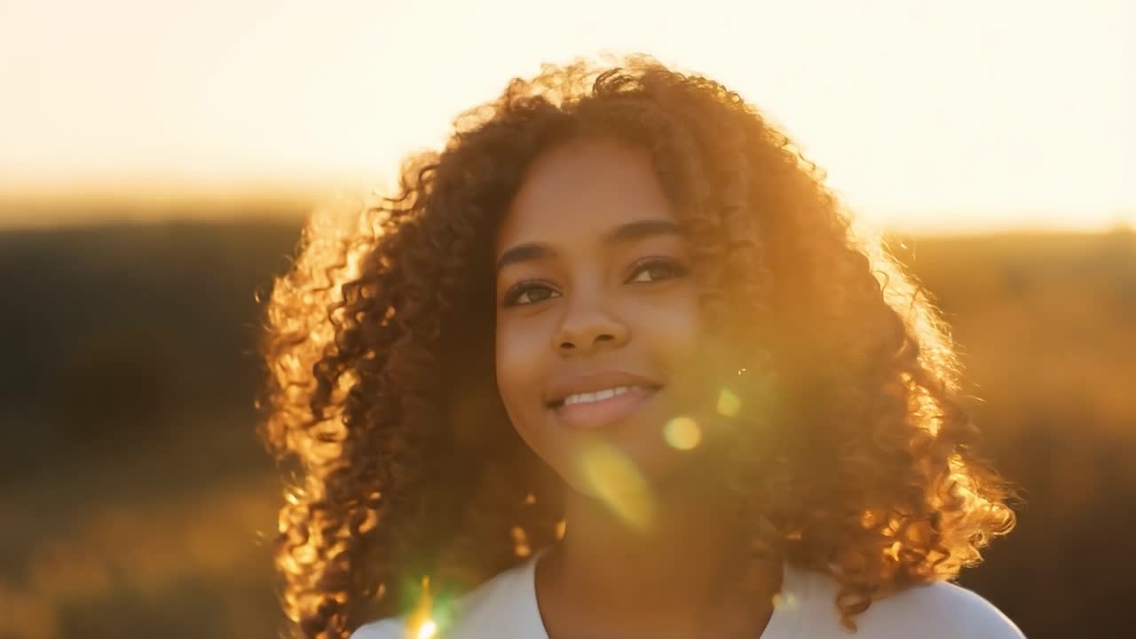 joven con el cabello rizado sonriendo alegremente en un campo iluminado por el sol durante la encantadora hora dorada