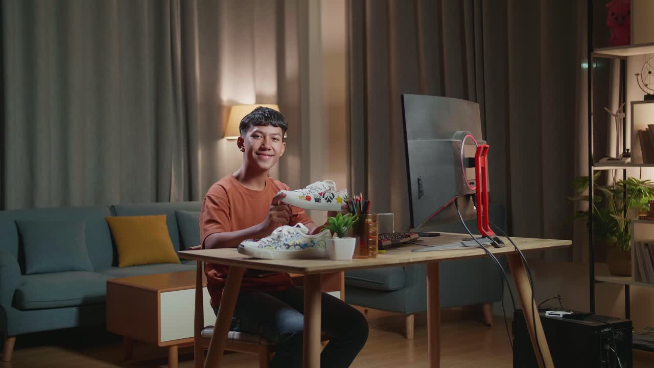 아시아 소년 신발 디자이너가 집에서 데스크 컴퓨터에서 작업하는 동안 카메라에 미소 짓고 있습니다.