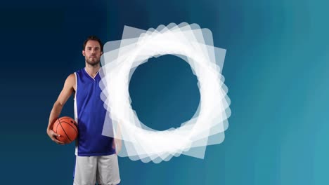 Animation-of-white-shapes-moving-over-male-basketball-player-holding-ball