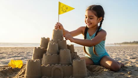 a young girl joyfully constructs an elaborate sandcastle with a bright yellow flag at the beach, capturing the essence of summer fun and imagination