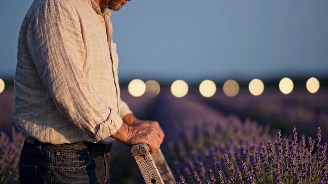 Una serata tranquilla in un campo di lavanda: Un uomo ammira i fiori mentre tiene una scala, circondato da lucine scintillanti che esaltano l'atmosfera serena