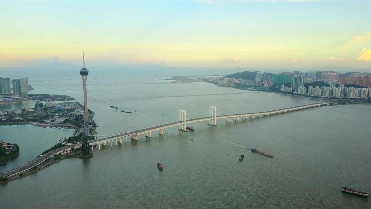 orario del tramonto città di zhuhai macao famoso ponte della torre panorama 4k cina