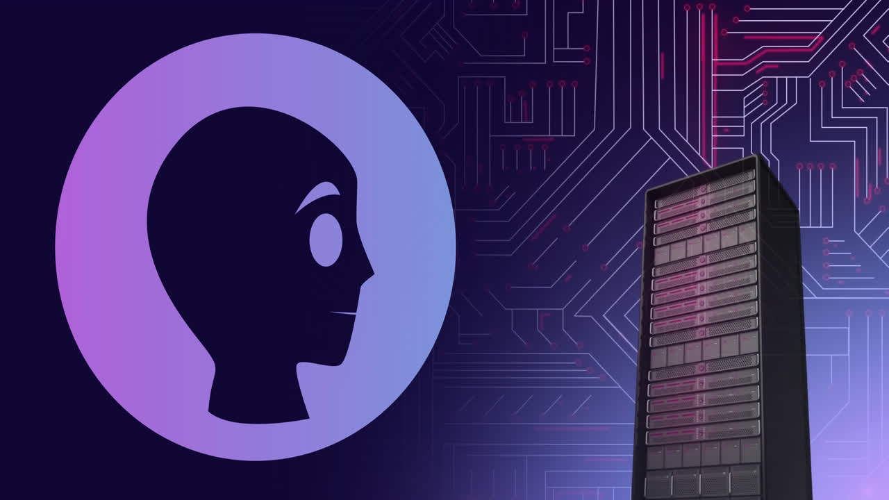 animación del icono de la ia, el servidor informático y el procesamiento de datos