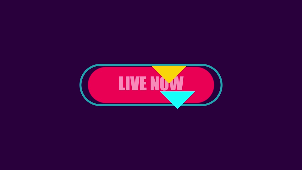 Lys 'LIVE NU' typografi i en neonknap med bevægelige, farverige trekantelementer