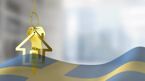 animation of silver house key over flag of sweden and buildings