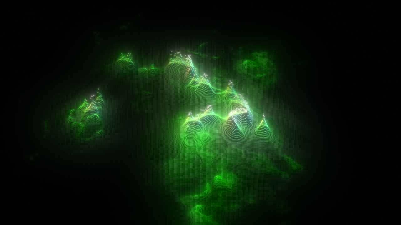 추상적인 녹색 홀로그램 입자가 빠르게 반사하여 걱거리는 액체와 함께 추상적인 파동 스파이크를 만니다. - 3d 모션 디자인 그래픽 배경 벽지 4k 프로레스