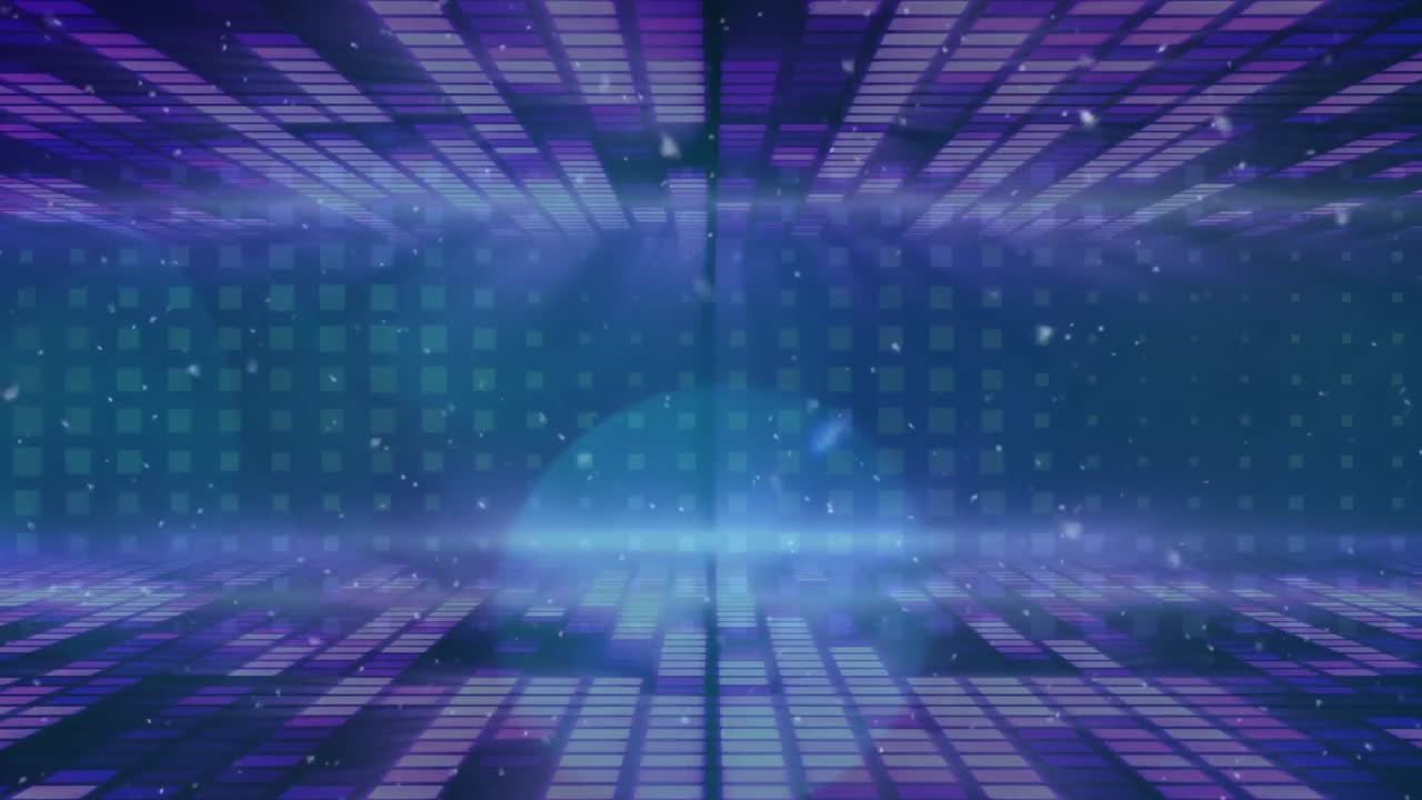 animación de copos de nieve y luces bokeh azules sobre cuadrados púrpuras y azules brillantes