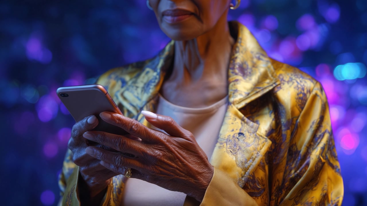 An elegant older woman with stylish attire interacting with a smartphone against a vibrant, colorful backdrop, showcasing modern technology and timeless beauty.