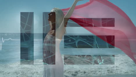 Woman holding red fabric on beach with digital network overlay animation