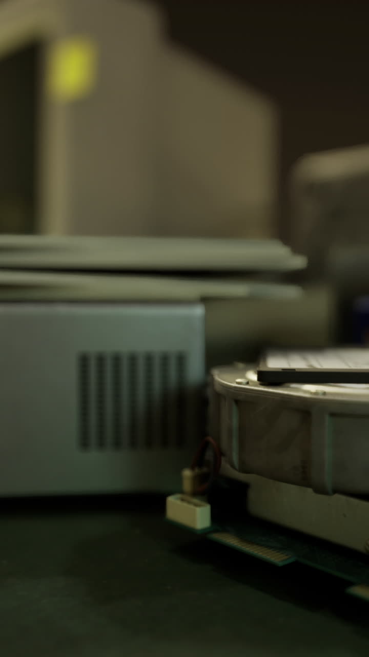 Old electronics and computer parts arranged on a desk in a dim setting