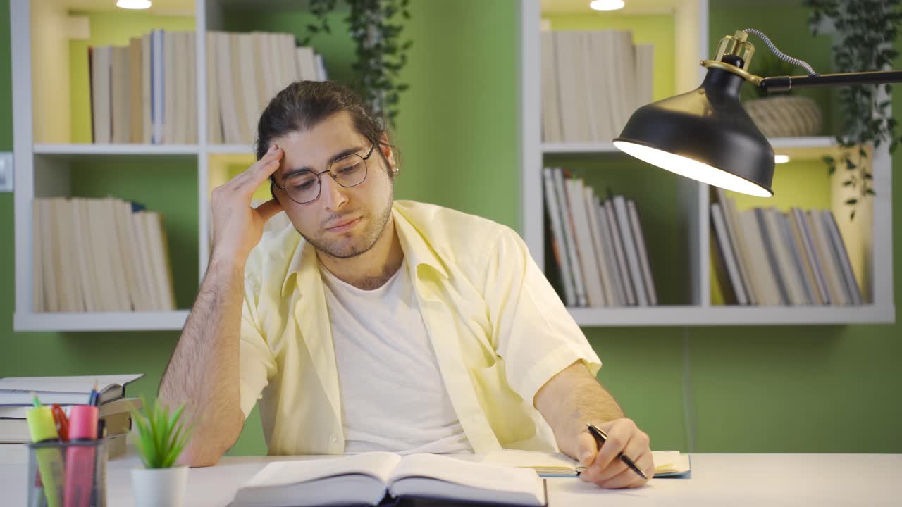 공부에서 혼란스러운 남성 학생.