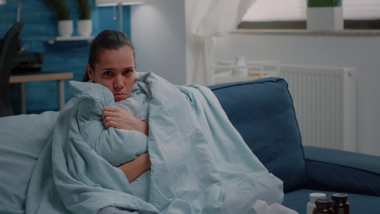 Unhappy woman shivering because of cold and flu