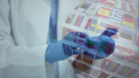 animation of a globe of world flags and doctor putting on gloves