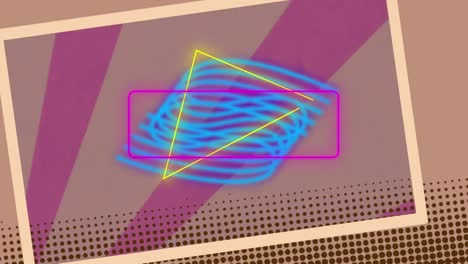 animación de un triángulo iluminado, un rectángulo, un patrón en espiral sobre un fondo abstracto