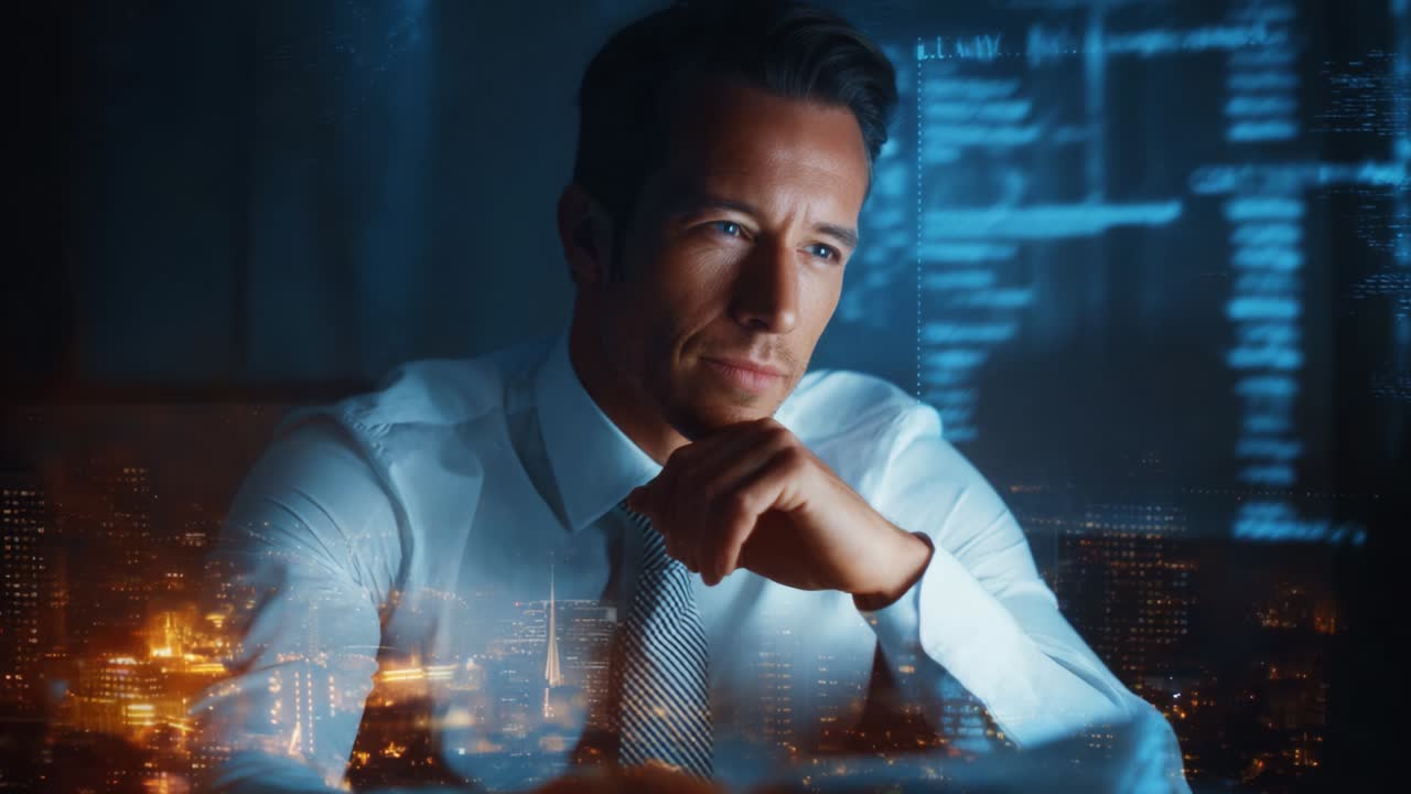 A Focused Business Professional Analyzing Data Trends in a Dimly Lit Office at Night, Surrounded by Dynamic Visualizations of Digital Metrics and Urban Backdrops Embodying Modern Corporate Success