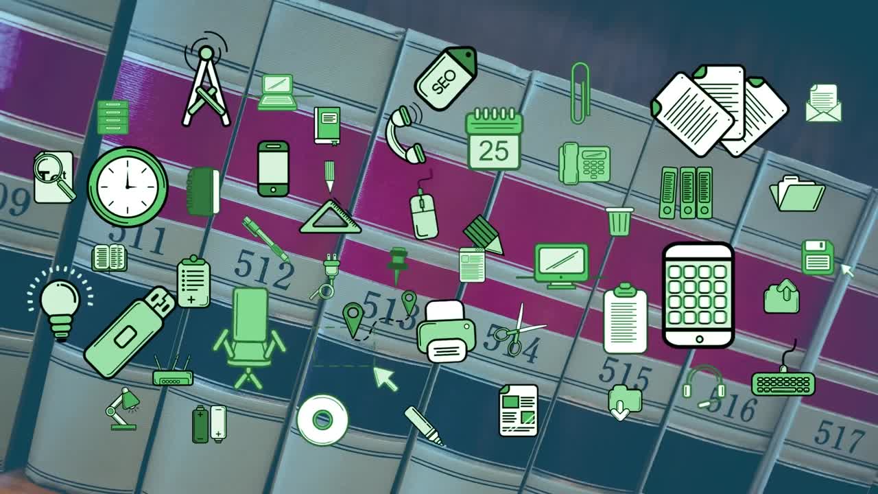 animación de la productividad y los iconos escolares sobre los libros en la estantería