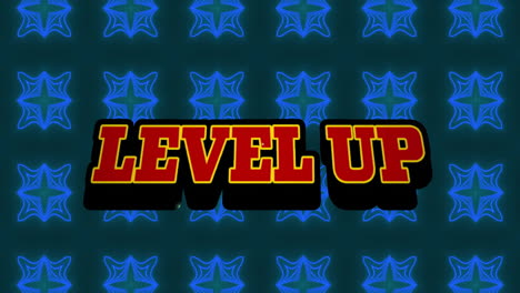 animation of level up text and explosion over blue kaleidoscopic background pattern