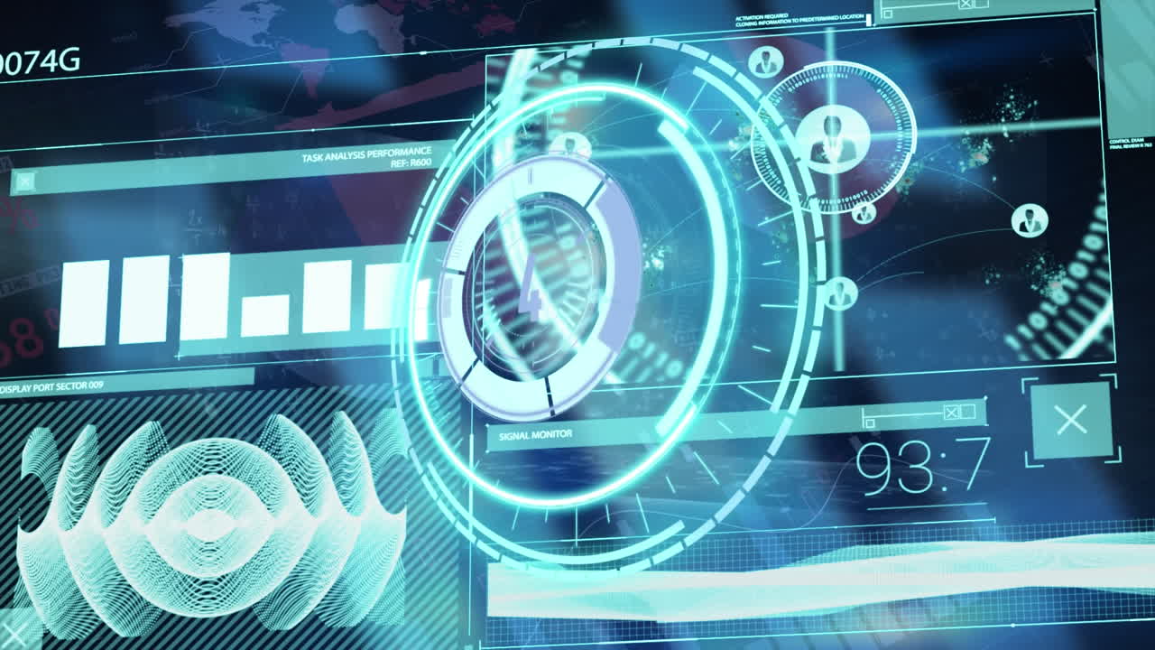 둥근 스캐너를 통해 카운트다운의 애니메이션과 빛의 점에 대한 데이터 처리 인터페이스