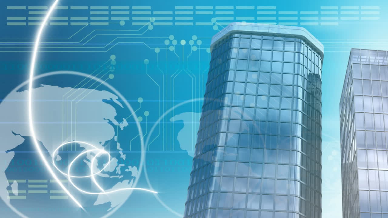 현대 은행 건물 위에 금융 데이터 처리의 애니메이션