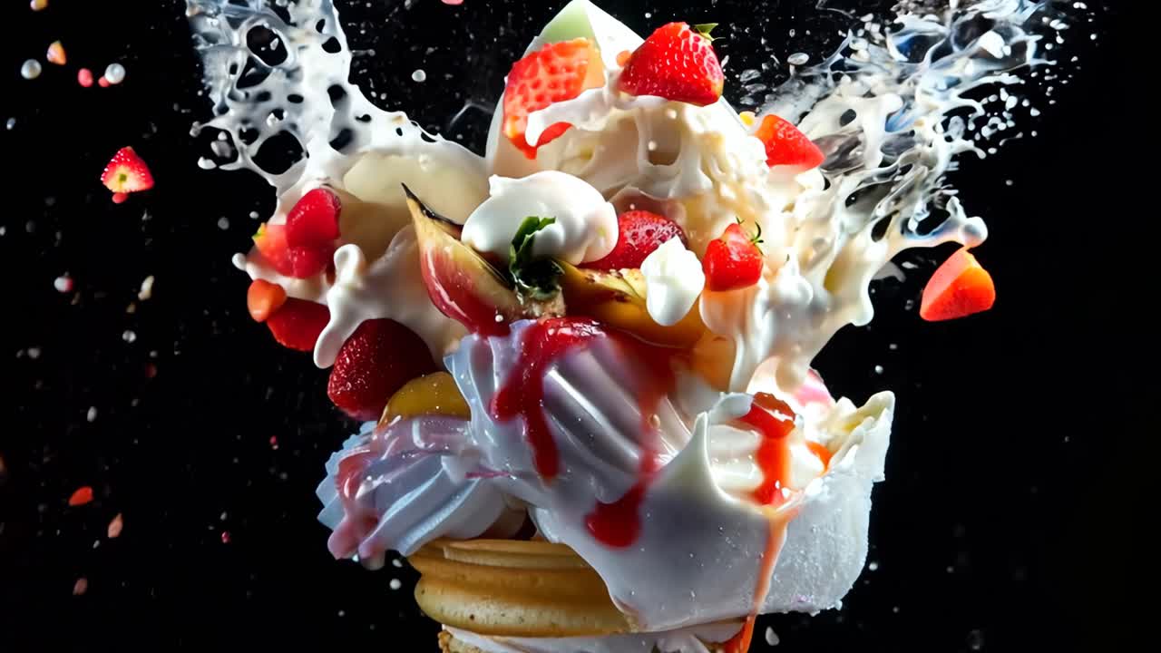 A dessert with a strawberry on top and a splash of milk. The dessert is a sundae with whipped cream and strawberries