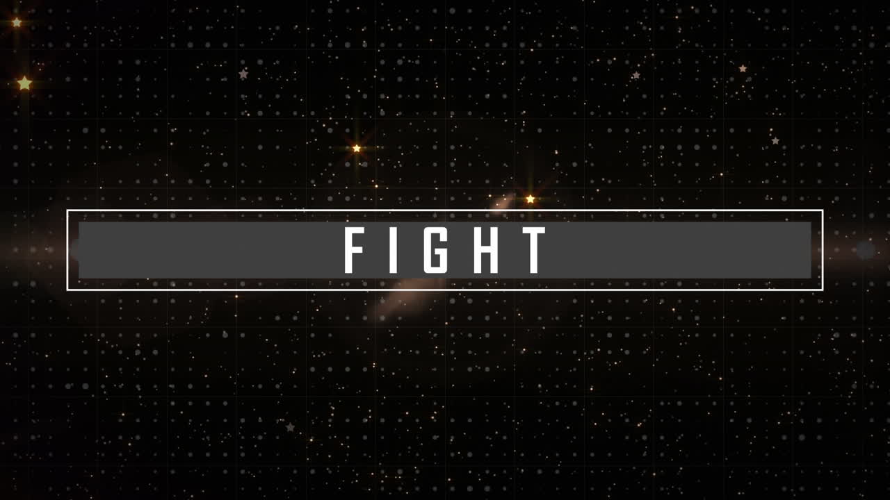 Animazione del testo "Fight" in lettere bianche su stelle gialle luminose e faretti