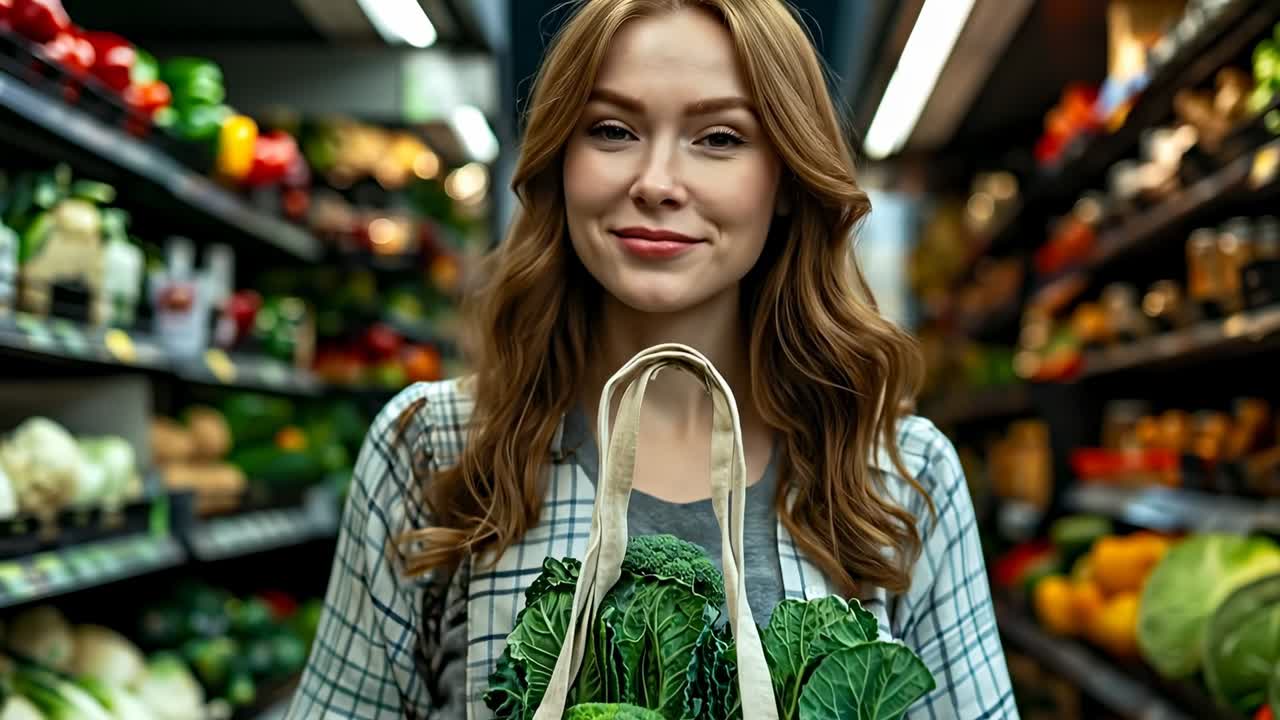 Donna con verdure al supermercato. Una donna si trova in un supermercato con una borsa piena di verdure fresche, tra cui broccoli e verdure a foglia verde.