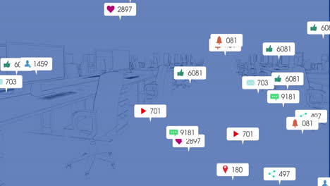 Animation-of-social-media-icons-with-numbers-over-desks-with-computers-on-blue-background