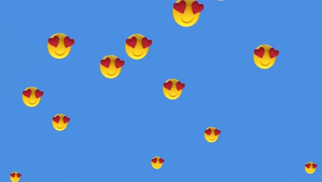 Mehrere-Herz-Augen-Gesichts-Emojis,-Die-Sich-Vor-Blauem-Hintergrund-Bewegen