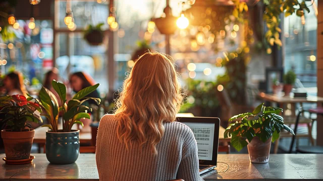 Woman Working on Laptop in a Cozy Cafe with Warm Lighting