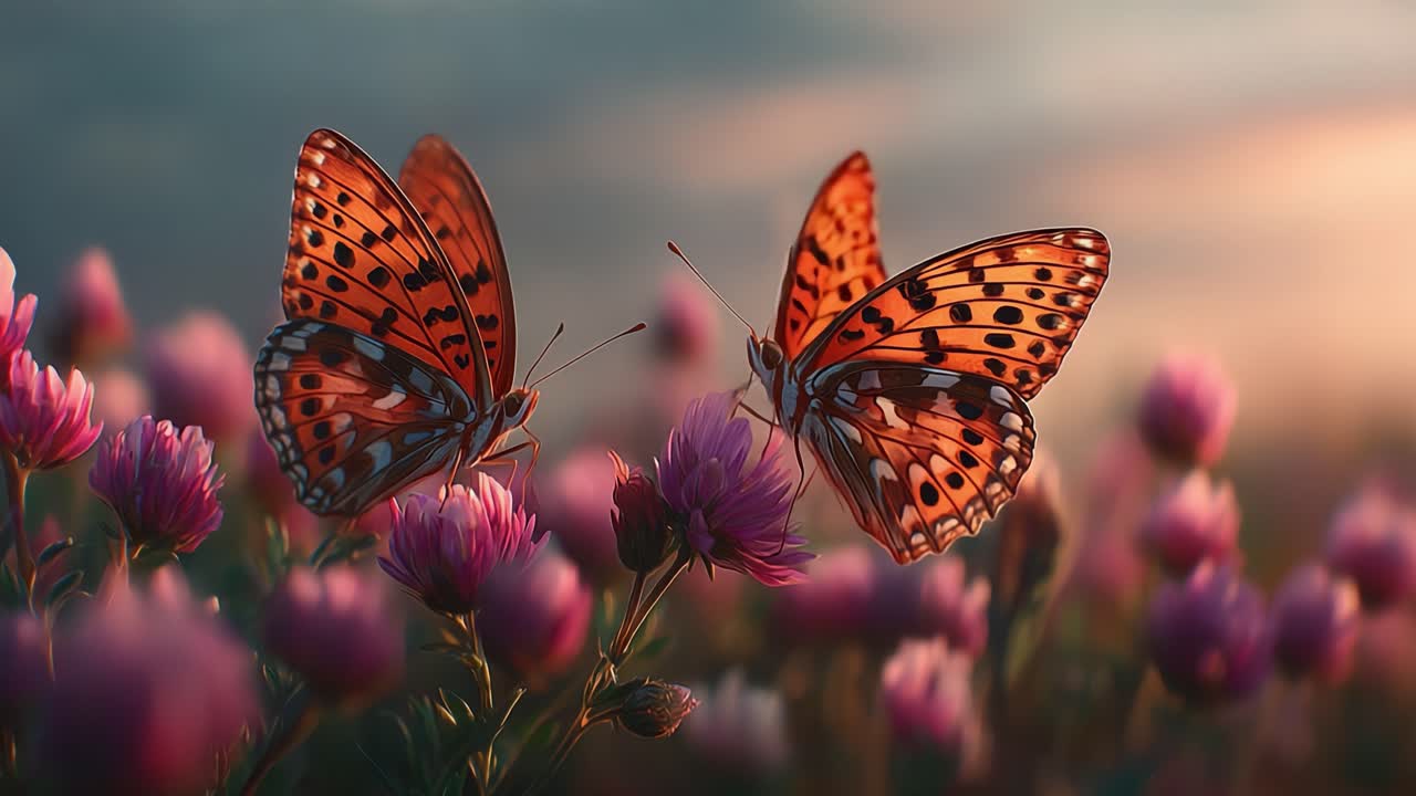 Un paio di farfalle vivaci posate su fiori in fiore, che mostrano i loro motivi e colori sorprendenti su uno sfondo morbido e sognante.