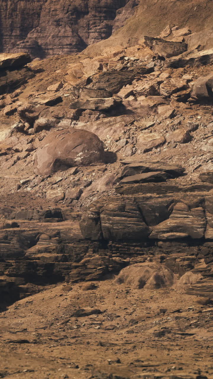 Barren rocky landscape with layered formations in a desert setting