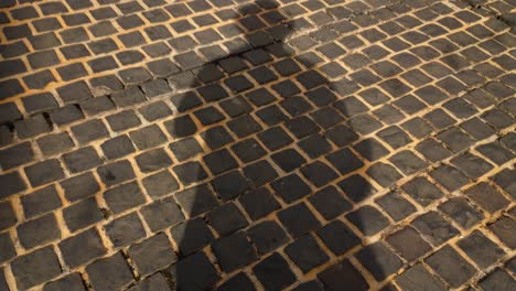 a man casting his own shadow while standing on a brick street pavement as other people pass by casting their own shadows as well