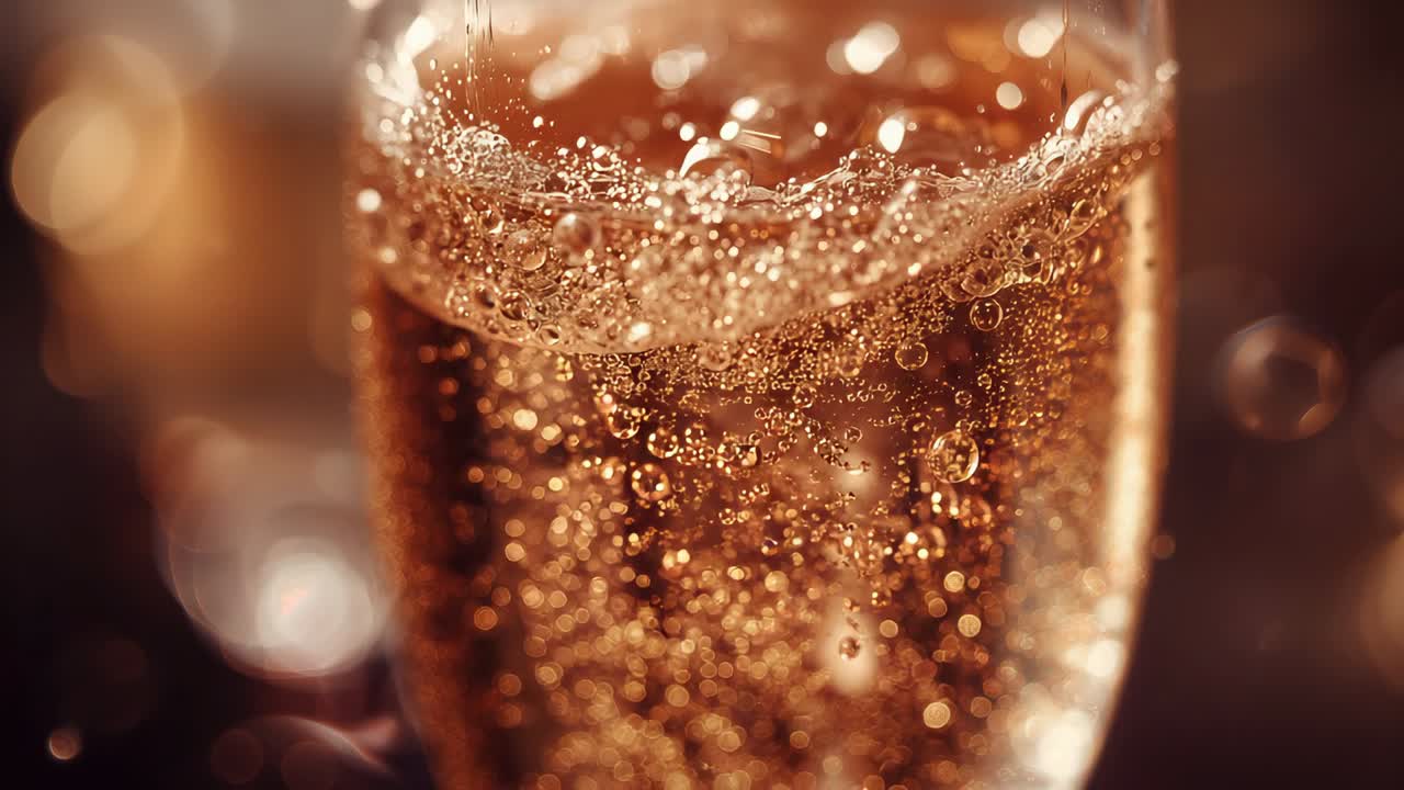Revealing tall glass bubbling fizzy amber drink on bar counter with microbubbles forming foam ring
