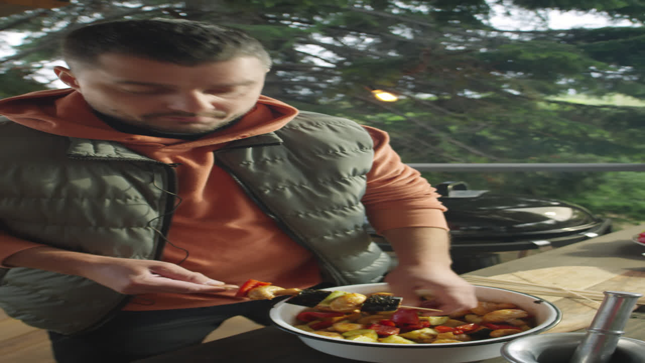 Food Blogger Making Veggie Skewers for BBQ Grill