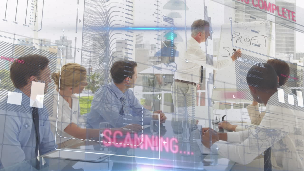 사무실에서 회의를 가진 다양한 사업가들에 대한 금융 데이터 처리의 애니메이션