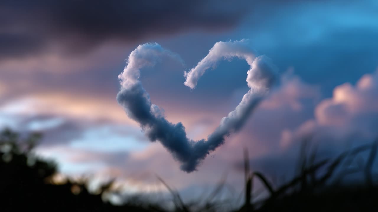 Eine herzförmige Wolkenformation vor einem farbenfrohen Abendhimmel, die Liebe und Güte in der Natur symbolisiert und die Essenz von Schönheit und Ruhe einfängt