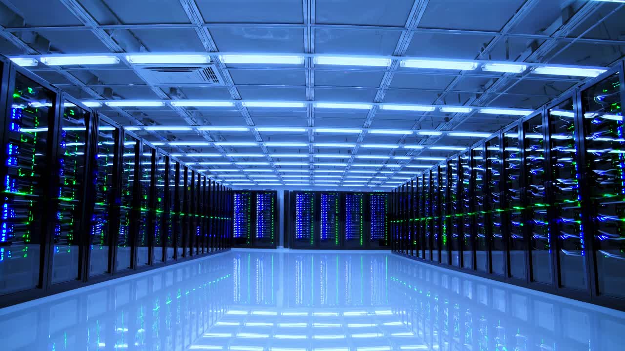 Explore a modern data center filled with advanced technology and lighting effects in a high-tech environment
