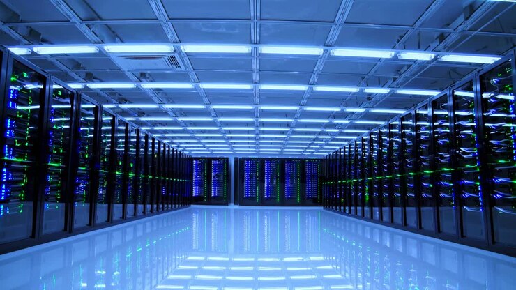 Explore a modern data center filled with advanced technology and lighting effects in a high-tech environment