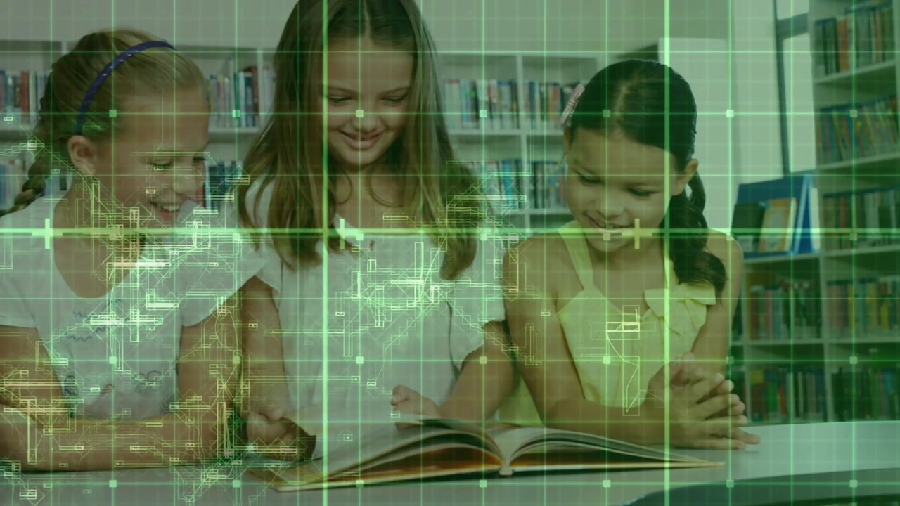 Girls sitting school library lifting device and exploring animated elements floating over book page