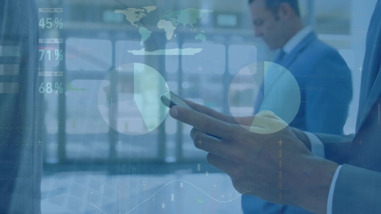 Animation of infographic interface over midsection of businessman using cellphone
