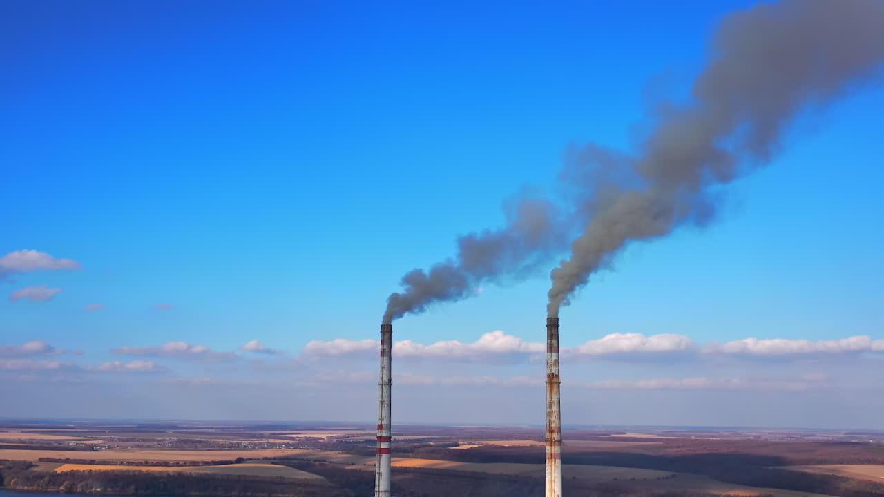 Environmental global warming atmosphere. Aerial view of factory polluted ecology.