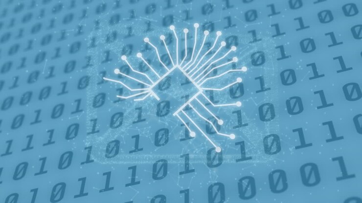 Animation of ai data processing over binary coding with ai icons