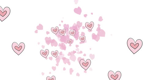 animación de múltiples iconos de corazón rosado flotando contra un fondo blanco con espacio de copia