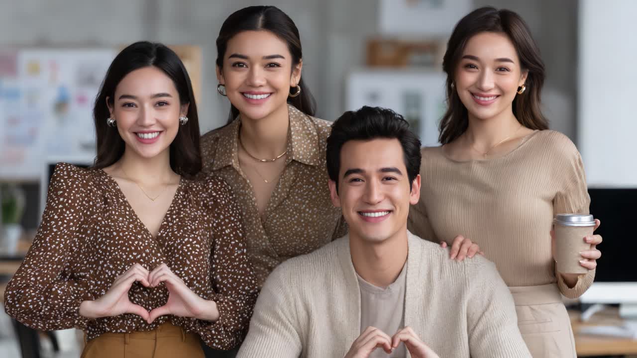 A Joyful Group of Friends Showcasing Their Connection with Heart-Shaped Gestures and Smiles in a Casual Workplace Setting