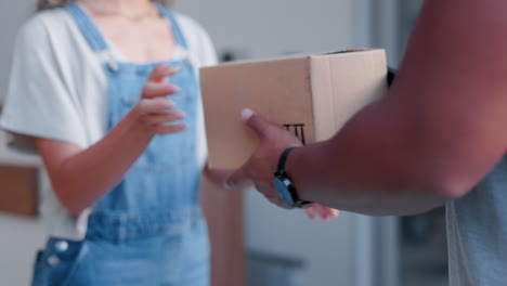 delivery, box and courier with hands of people